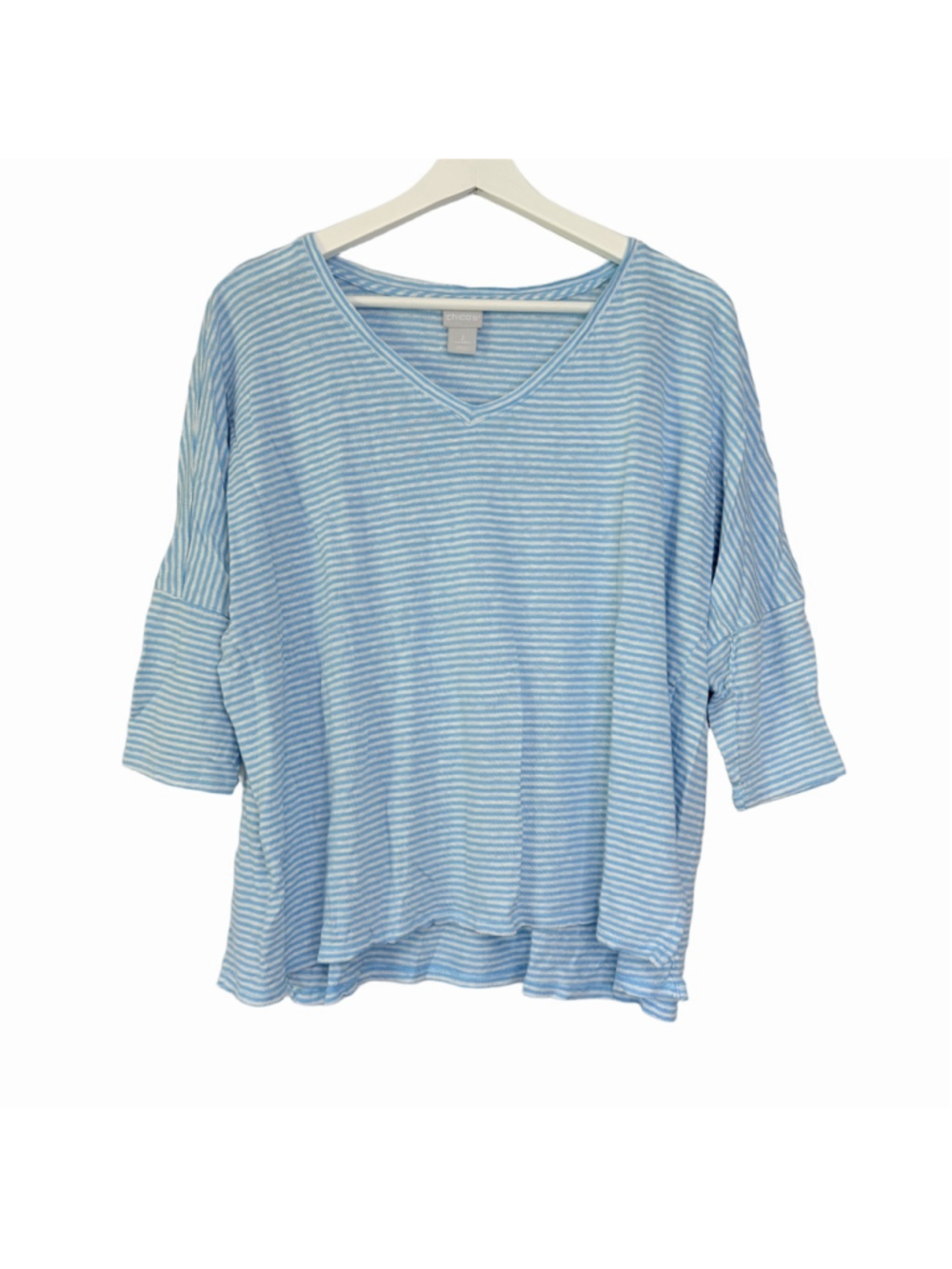 Chico's Linen Blue White Striped V-Neck Short Sleeve Tee Size Women's Size Large